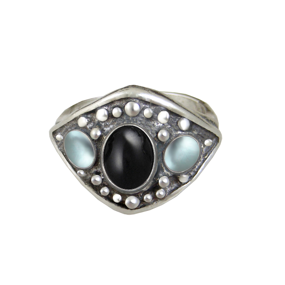 Sterling Silver Medieval Lady's Ring with Black Onyx And Blue Topaz Size 8